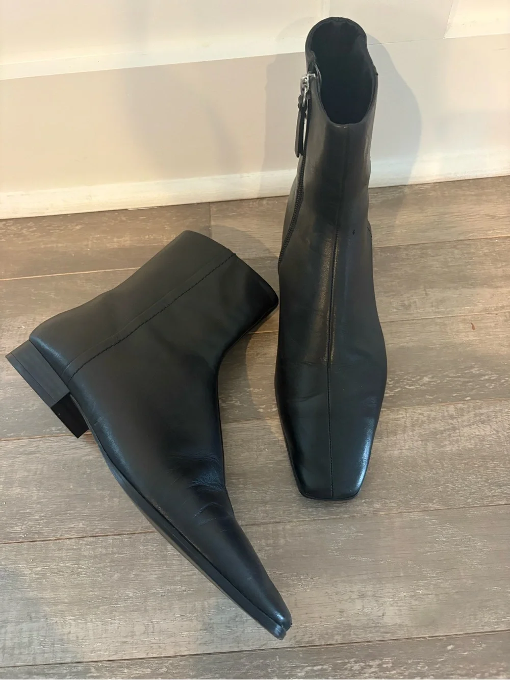 Mango Black Leather Square Toe Ankle Boots Side Zip EU 38 US 7.5/8